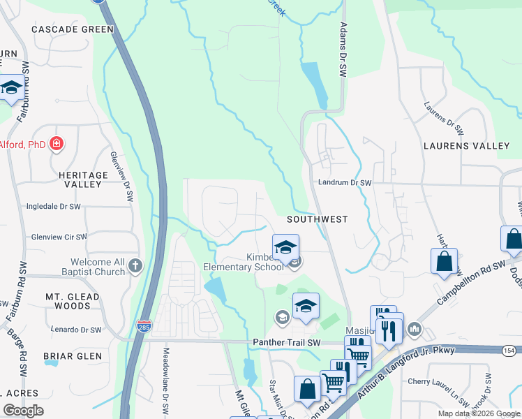 map of restaurants, bars, coffee shops, grocery stores, and more near 3150 Lovell Drive Southwest in Atlanta