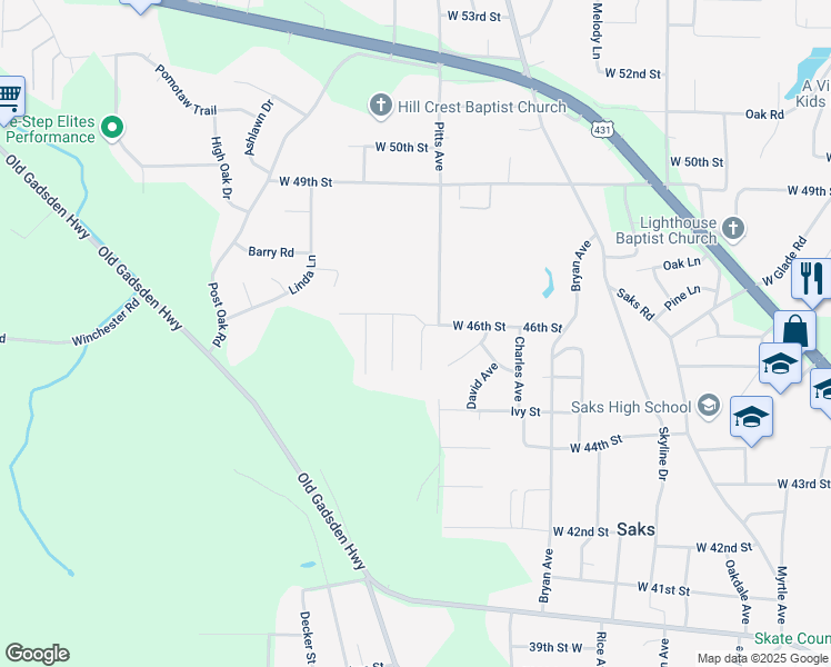 map of restaurants, bars, coffee shops, grocery stores, and more near 4530 Westbrook Lane in Anniston