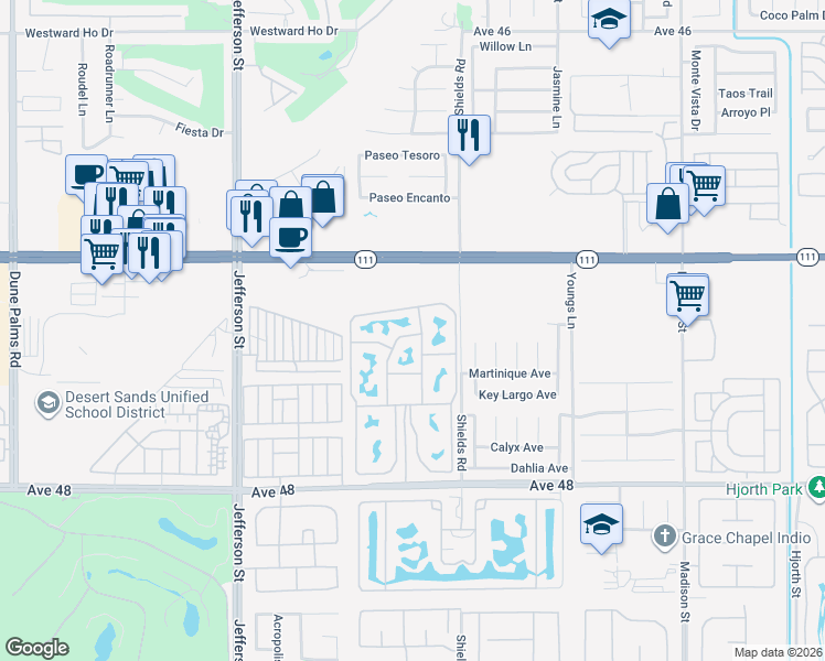 map of restaurants, bars, coffee shops, grocery stores, and more near 80394 Avenue 48 in Indio