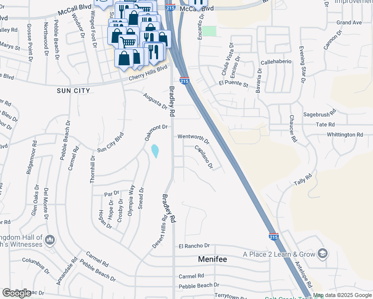 map of restaurants, bars, coffee shops, grocery stores, and more near 27065 Capilano Drive in Menifee