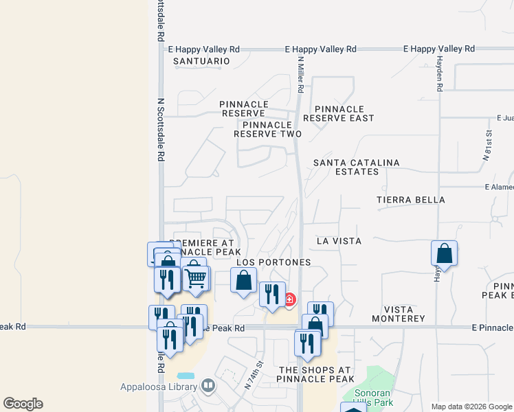map of restaurants, bars, coffee shops, grocery stores, and more near 7448 East Black Rock Road in Scottsdale