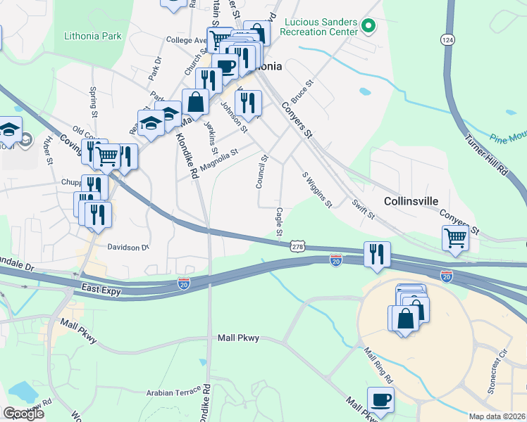 map of restaurants, bars, coffee shops, grocery stores, and more near 2739 Council Street in Lithonia