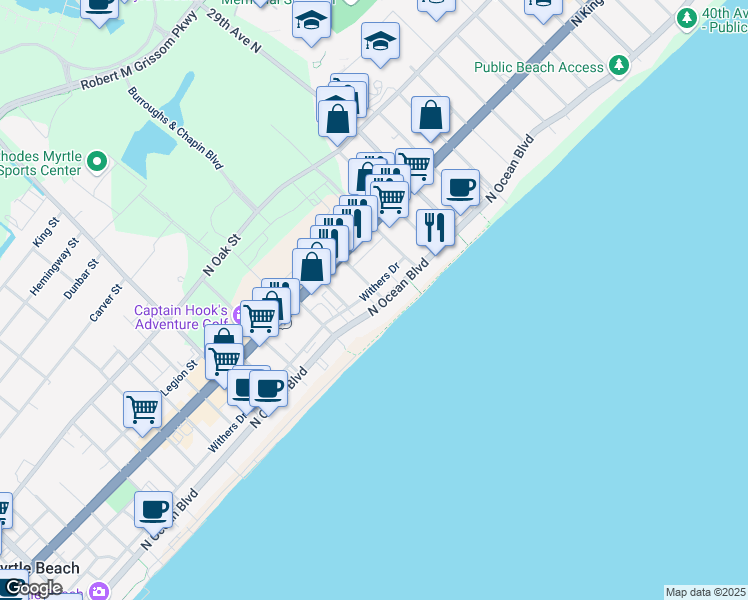 map of restaurants, bars, coffee shops, grocery stores, and more near 2507 North Ocean Boulevard in Myrtle Beach