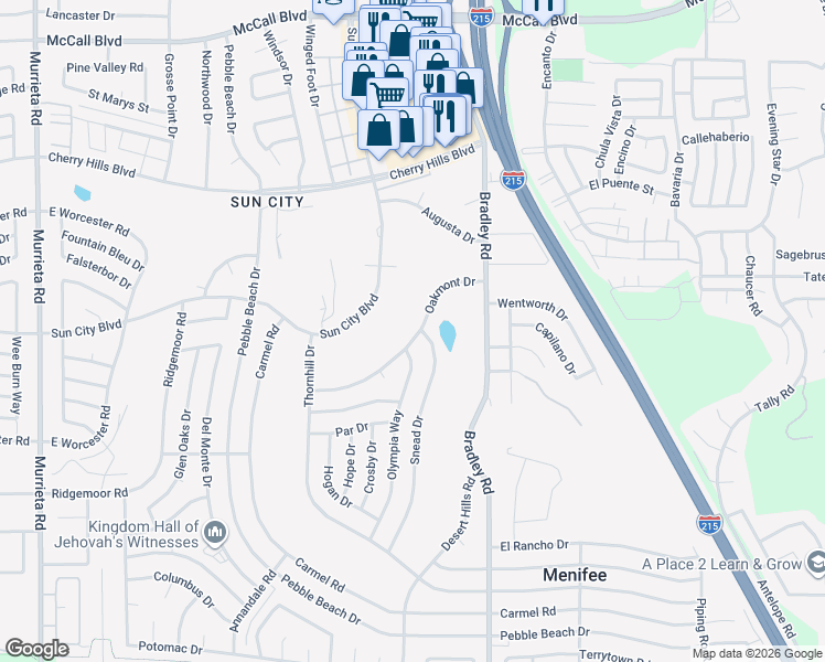 map of restaurants, bars, coffee shops, grocery stores, and more near 26830 Oakmont Drive in Menifee