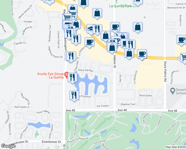 map of restaurants, bars, coffee shops, grocery stores, and more near 47320 Vía Koron in La Quinta