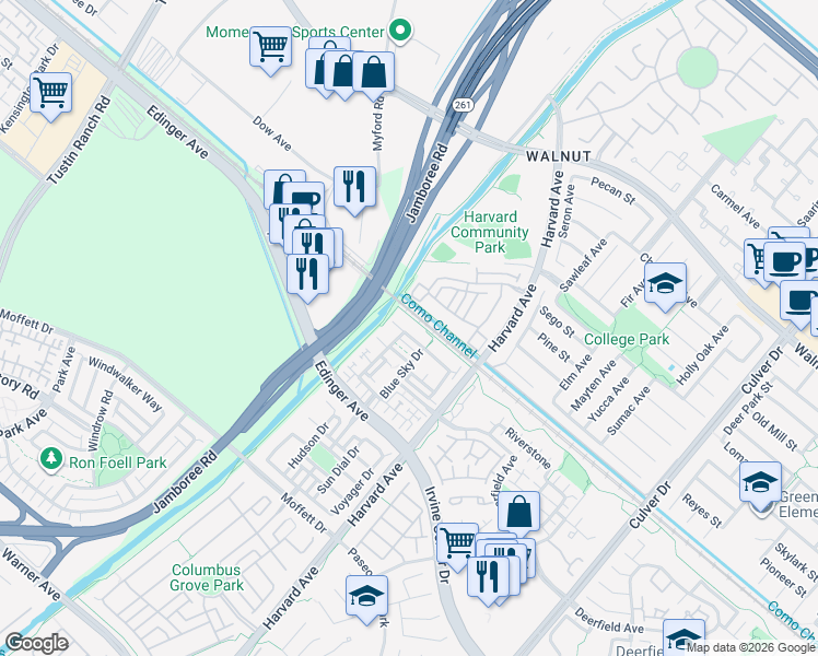 map of restaurants, bars, coffee shops, grocery stores, and more near 99 Liberty Street in Tustin
