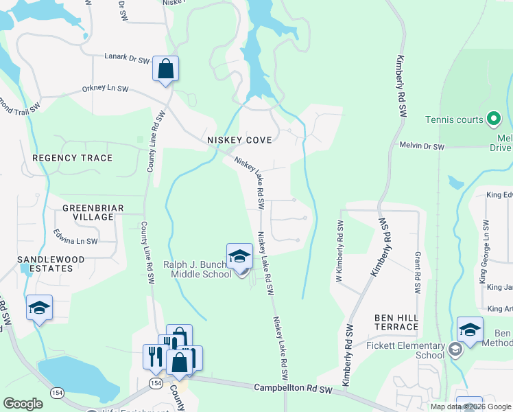 map of restaurants, bars, coffee shops, grocery stores, and more near 1815 Niskey Lake Road Southwest in Atlanta
