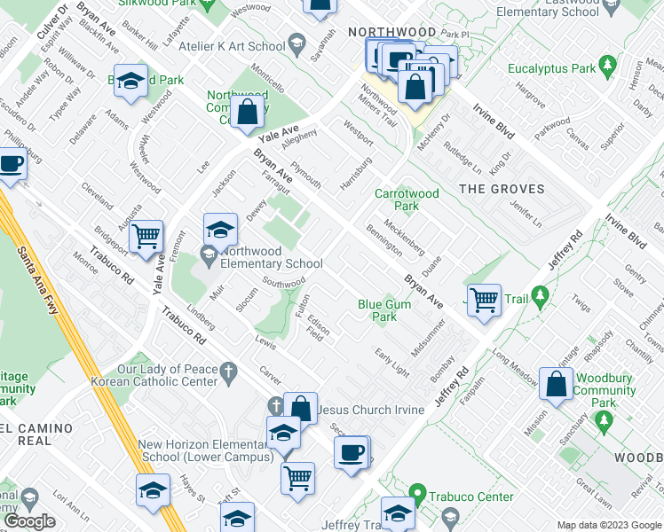 map of restaurants, bars, coffee shops, grocery stores, and more near 34 Columbus in Irvine