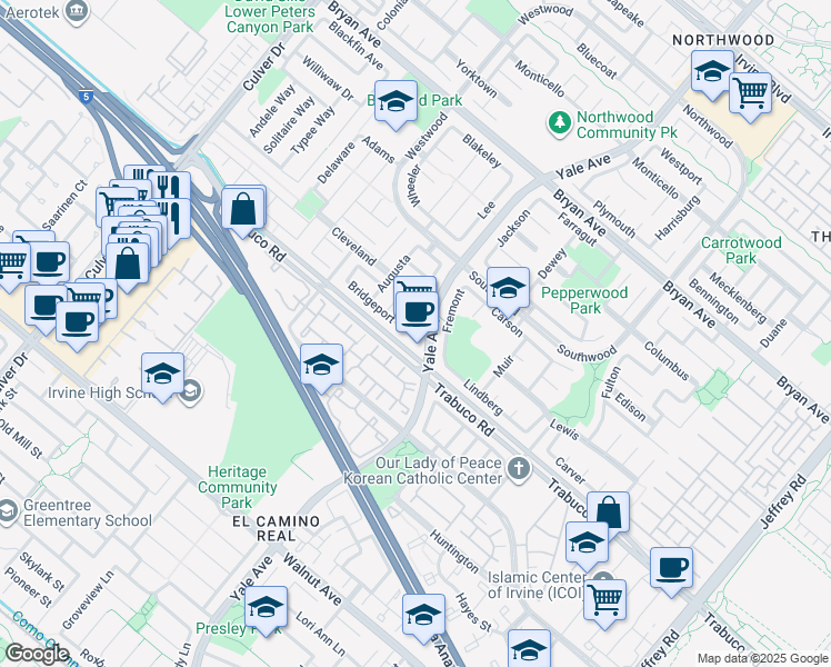 map of restaurants, bars, coffee shops, grocery stores, and more near 13925 Yale in Irvine