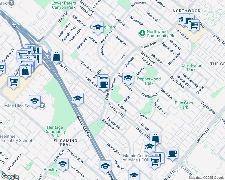 map of restaurants, bars, coffee shops, grocery stores, and more near 12 Fremont in Irvine