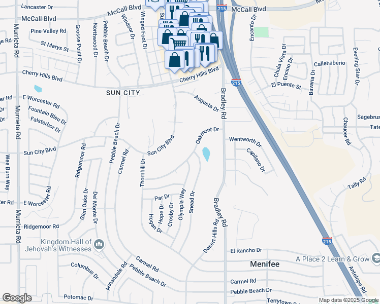 map of restaurants, bars, coffee shops, grocery stores, and more near 26830 Oakmont Drive in Menifee