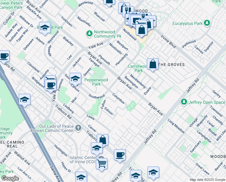 map of restaurants, bars, coffee shops, grocery stores, and more near 29 Hunter in Irvine