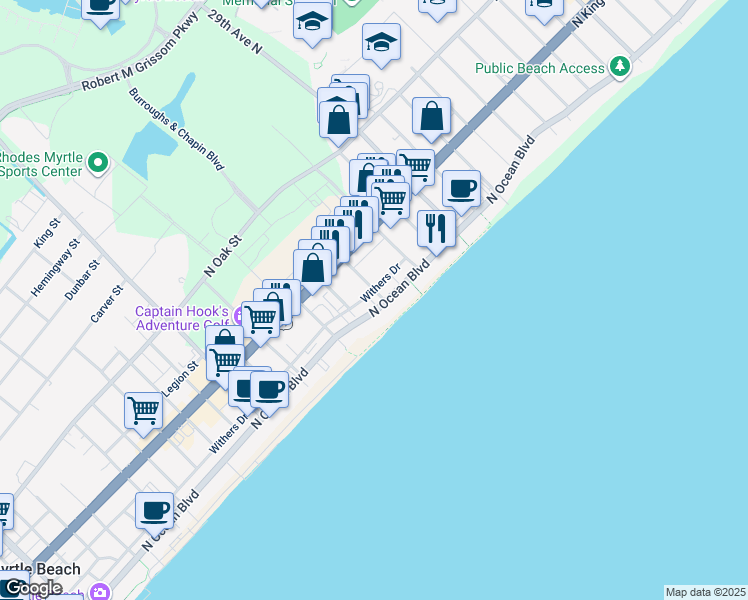map of restaurants, bars, coffee shops, grocery stores, and more near 2507 North Ocean Boulevard in Myrtle Beach