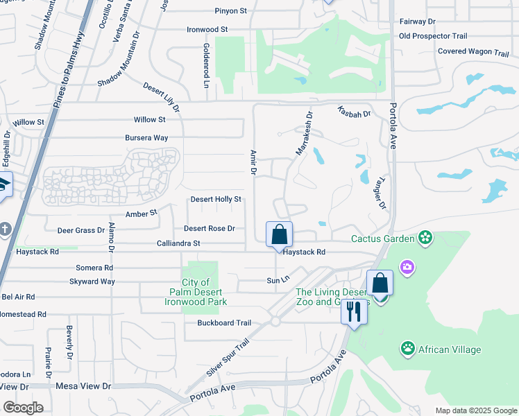 map of restaurants, bars, coffee shops, grocery stores, and more near 47220 Amir Drive in Palm Desert