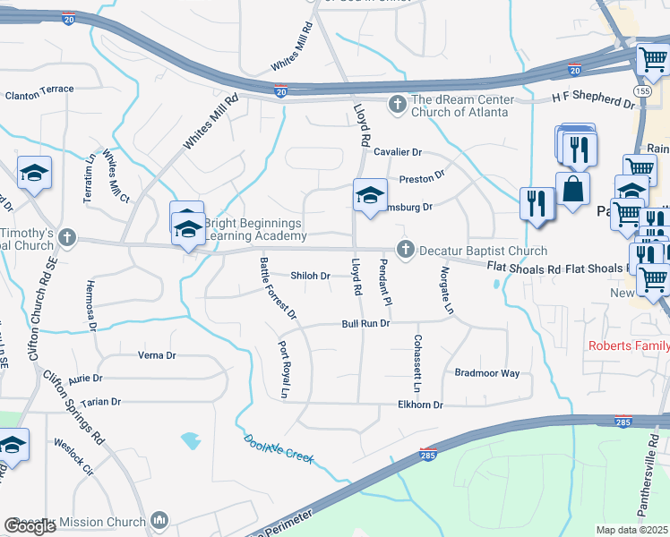 map of restaurants, bars, coffee shops, grocery stores, and more near 2526 Shiloh Dr in Decatur