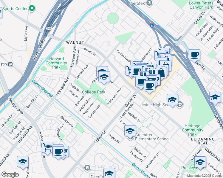 map of restaurants, bars, coffee shops, grocery stores, and more near 3822 Magnolia Street in Irvine