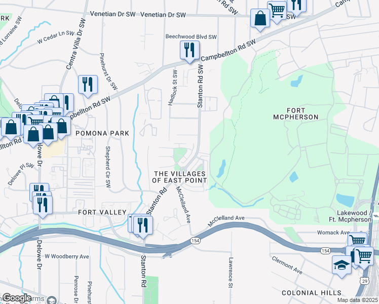 map of restaurants, bars, coffee shops, grocery stores, and more near in East Point