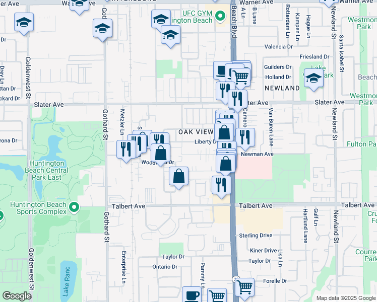 map of restaurants, bars, coffee shops, grocery stores, and more near 7761 Newman Avenue in Huntington Beach