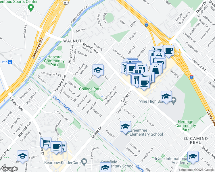 map of restaurants, bars, coffee shops, grocery stores, and more near 3822 Magnolia Street in Irvine
