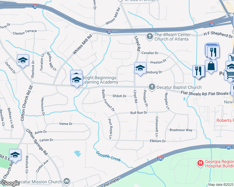 map of restaurants, bars, coffee shops, grocery stores, and more near 2490 Shiloh Drive in Decatur
