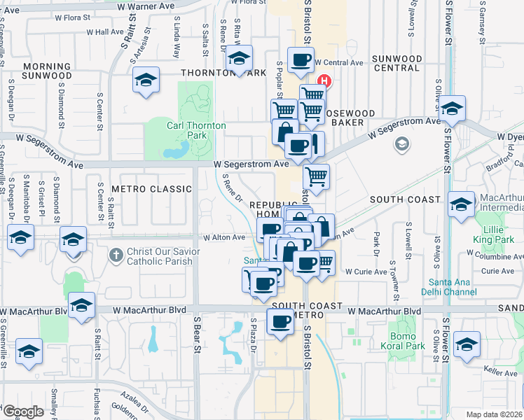 map of restaurants, bars, coffee shops, grocery stores, and more near 3130 South Rita Way in Santa Ana