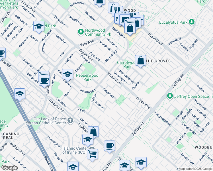 map of restaurants, bars, coffee shops, grocery stores, and more near 29 Hunter in Irvine