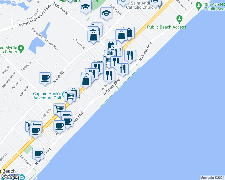 map of restaurants, bars, coffee shops, grocery stores, and more near 2600 North Ocean Boulevard in Myrtle Beach