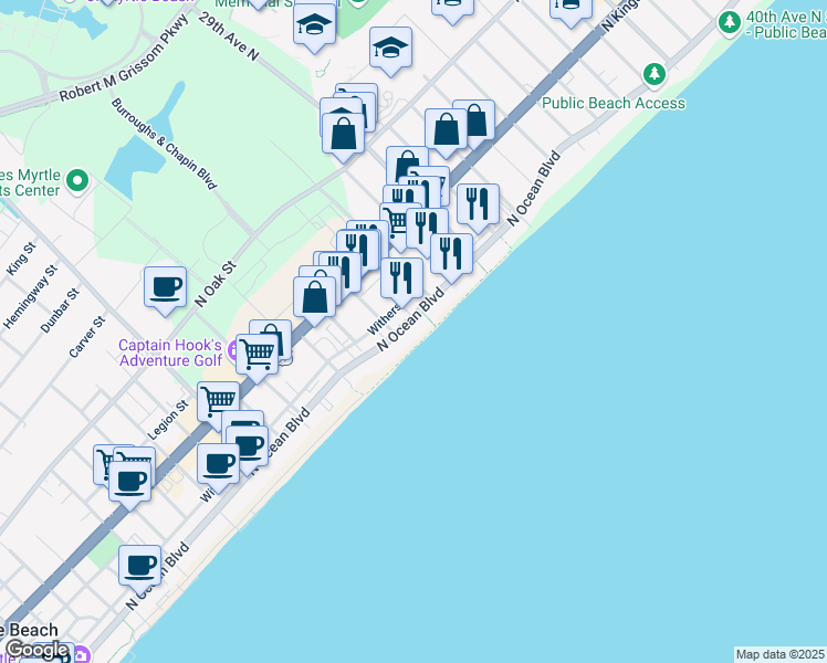 map of restaurants, bars, coffee shops, grocery stores, and more near 2600 North Ocean Boulevard in Myrtle Beach