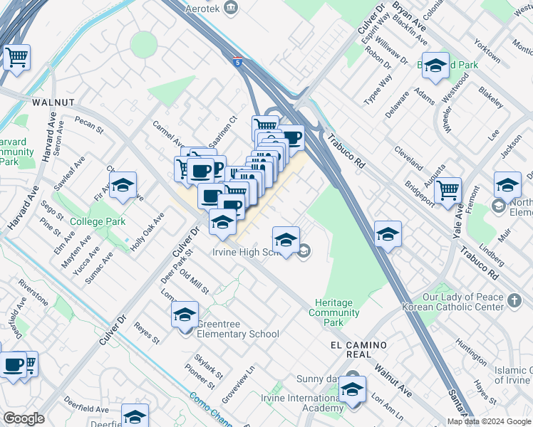 map of restaurants, bars, coffee shops, grocery stores, and more near 5 Swallowtail in Irvine