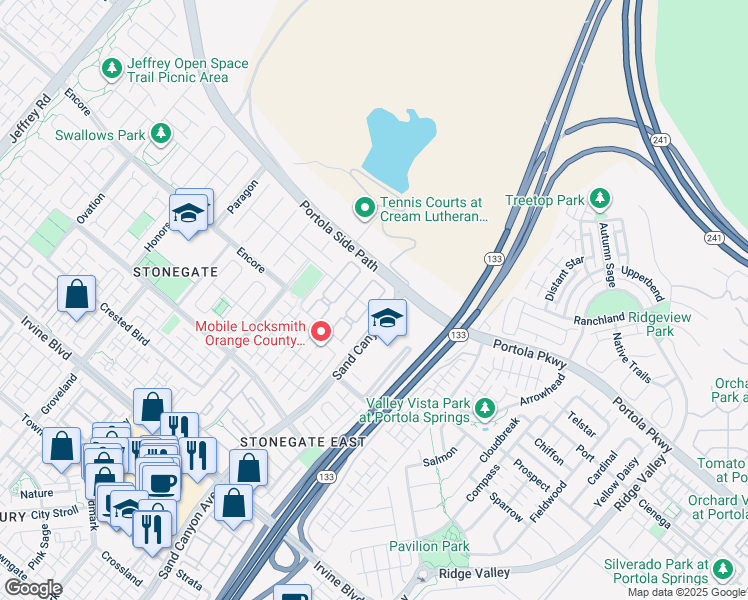 map of restaurants, bars, coffee shops, grocery stores, and more near 213 Cedarwood in Irvine