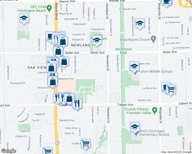 map of restaurants, bars, coffee shops, grocery stores, and more near 8376 El Arroyo Drive in Huntington Beach