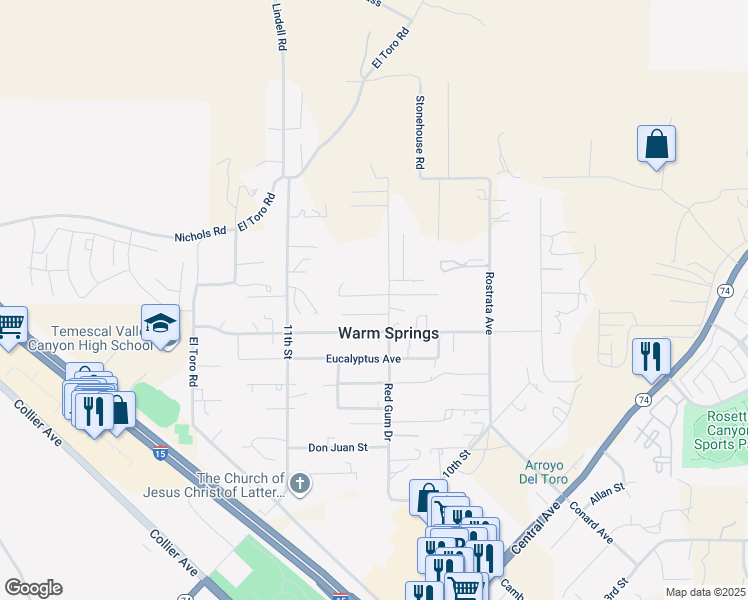 map of restaurants, bars, coffee shops, grocery stores, and more near 18377 Acacia Avenue in Lake Elsinore