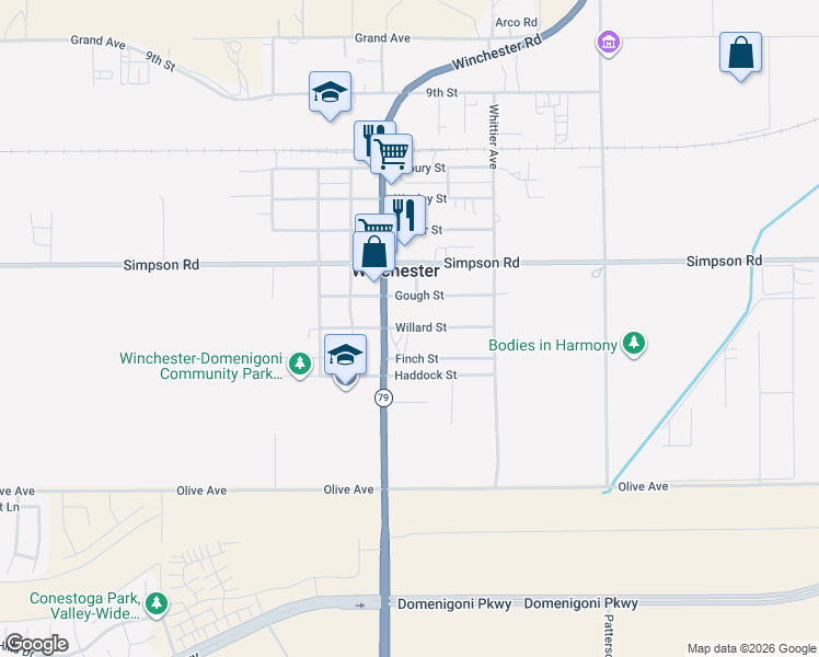 map of restaurants, bars, coffee shops, grocery stores, and more near Willard Street in Winchester