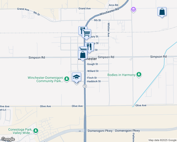 map of restaurants, bars, coffee shops, grocery stores, and more near Willard Street in Winchester