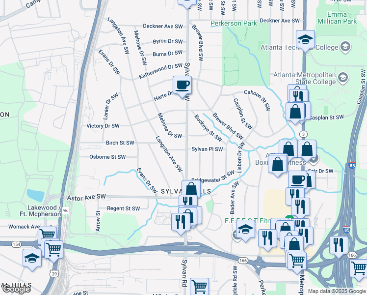 map of restaurants, bars, coffee shops, grocery stores, and more near 1823 Sylvan Road Southwest in Atlanta