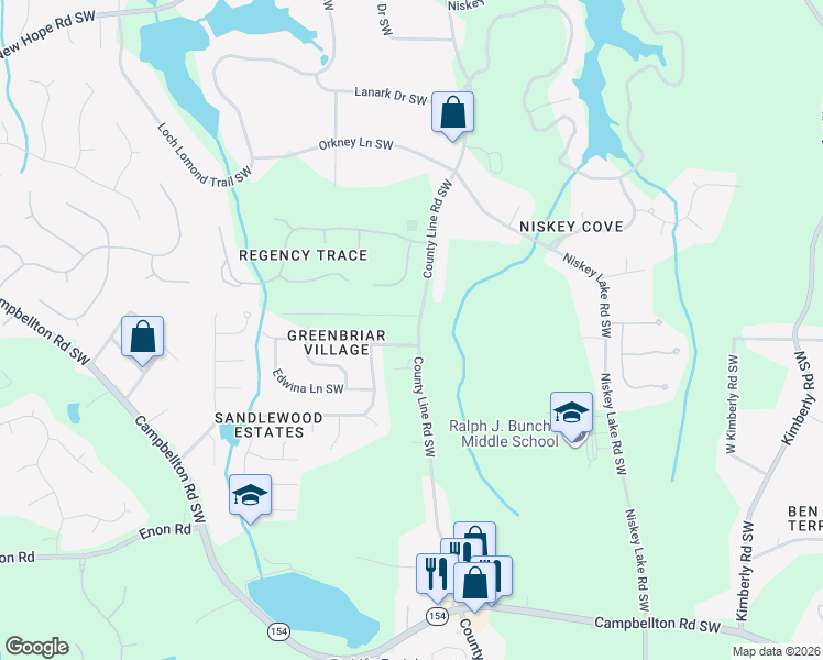 map of restaurants, bars, coffee shops, grocery stores, and more near 1825 County Line Road Southwest in Atlanta