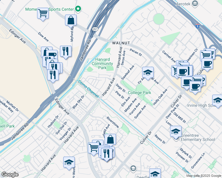 map of restaurants, bars, coffee shops, grocery stores, and more near 14871 Athel Avenue in Irvine