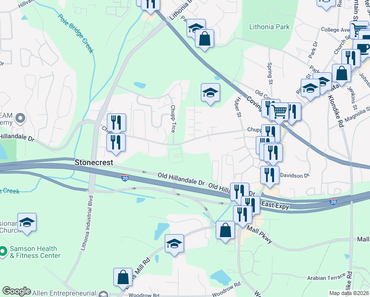 map of restaurants, bars, coffee shops, grocery stores, and more near 6659 Chupp Road in Lithonia