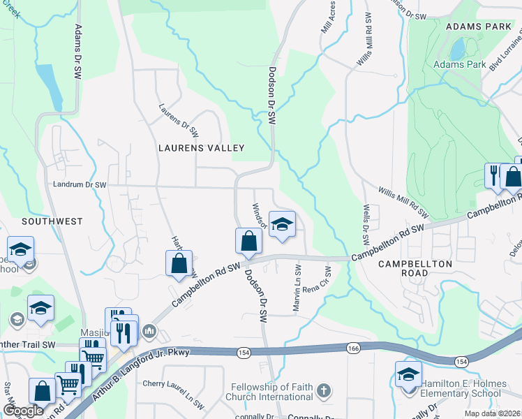 map of restaurants, bars, coffee shops, grocery stores, and more near 1842 Windsor Drive Southwest in Atlanta