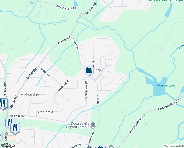 map of restaurants, bars, coffee shops, grocery stores, and more near 3917 Arolla Lane in Douglasville