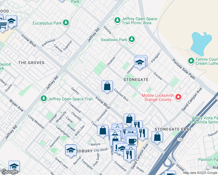 map of restaurants, bars, coffee shops, grocery stores, and more near 68 Mayfair in Irvine