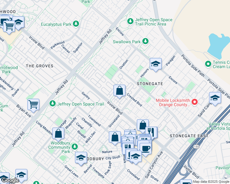 map of restaurants, bars, coffee shops, grocery stores, and more near 100 Overbrook in Irvine
