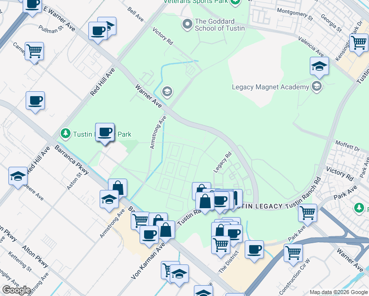 map of restaurants, bars, coffee shops, grocery stores, and more near 15991 Armstrong Avenue in Irvine