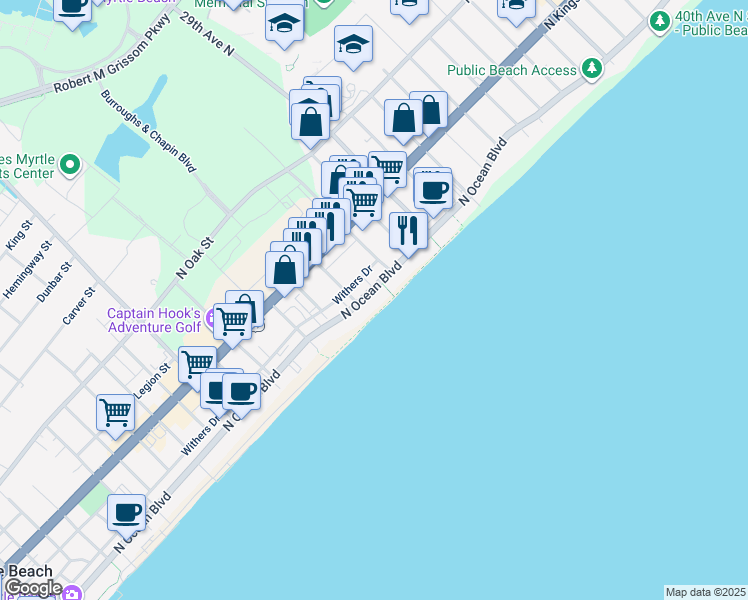 map of restaurants, bars, coffee shops, grocery stores, and more near 2600 North Ocean Boulevard in Myrtle Beach