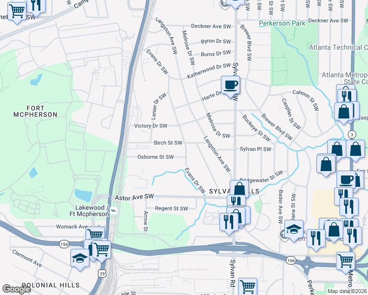 map of restaurants, bars, coffee shops, grocery stores, and more near 1064 Birch Street Southwest in Atlanta