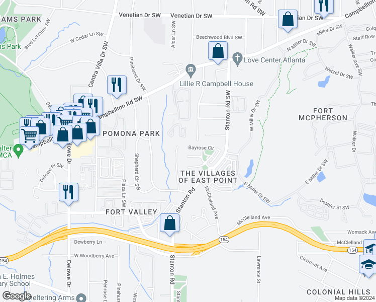map of restaurants, bars, coffee shops, grocery stores, and more near 1724 Bayrose Circle in East Point