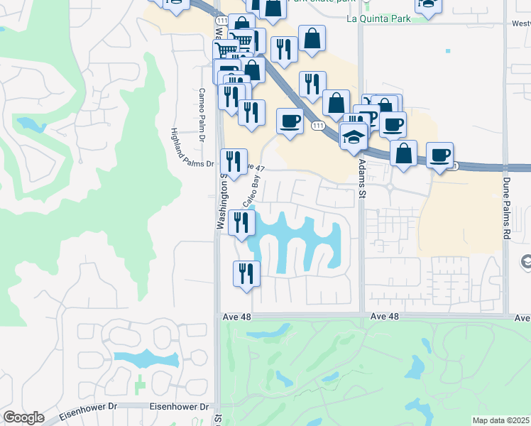 map of restaurants, bars, coffee shops, grocery stores, and more near 47295 Vía Ravenna in La Quinta