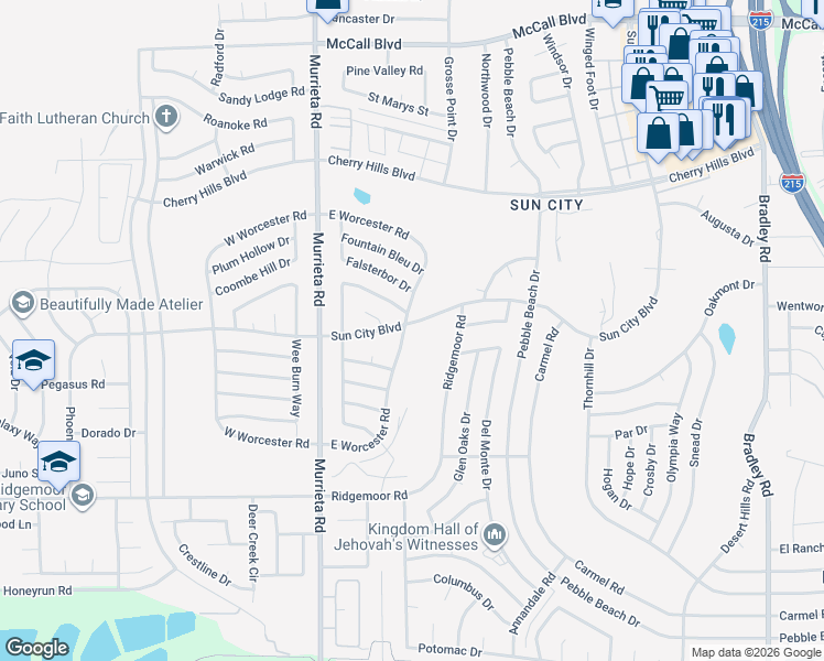 map of restaurants, bars, coffee shops, grocery stores, and more near 28620 East Worcester Road in Menifee