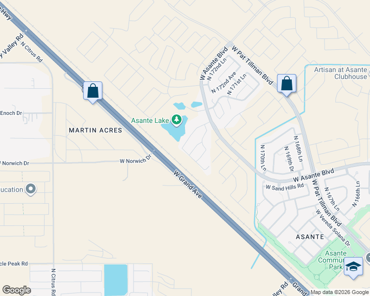 map of restaurants, bars, coffee shops, grocery stores, and more near 24329 North 173rd Lane in Surprise