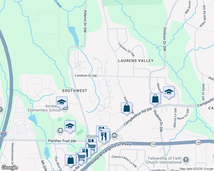 map of restaurants, bars, coffee shops, grocery stores, and more near 2875 Landrum Arms Drive Southwest in Atlanta